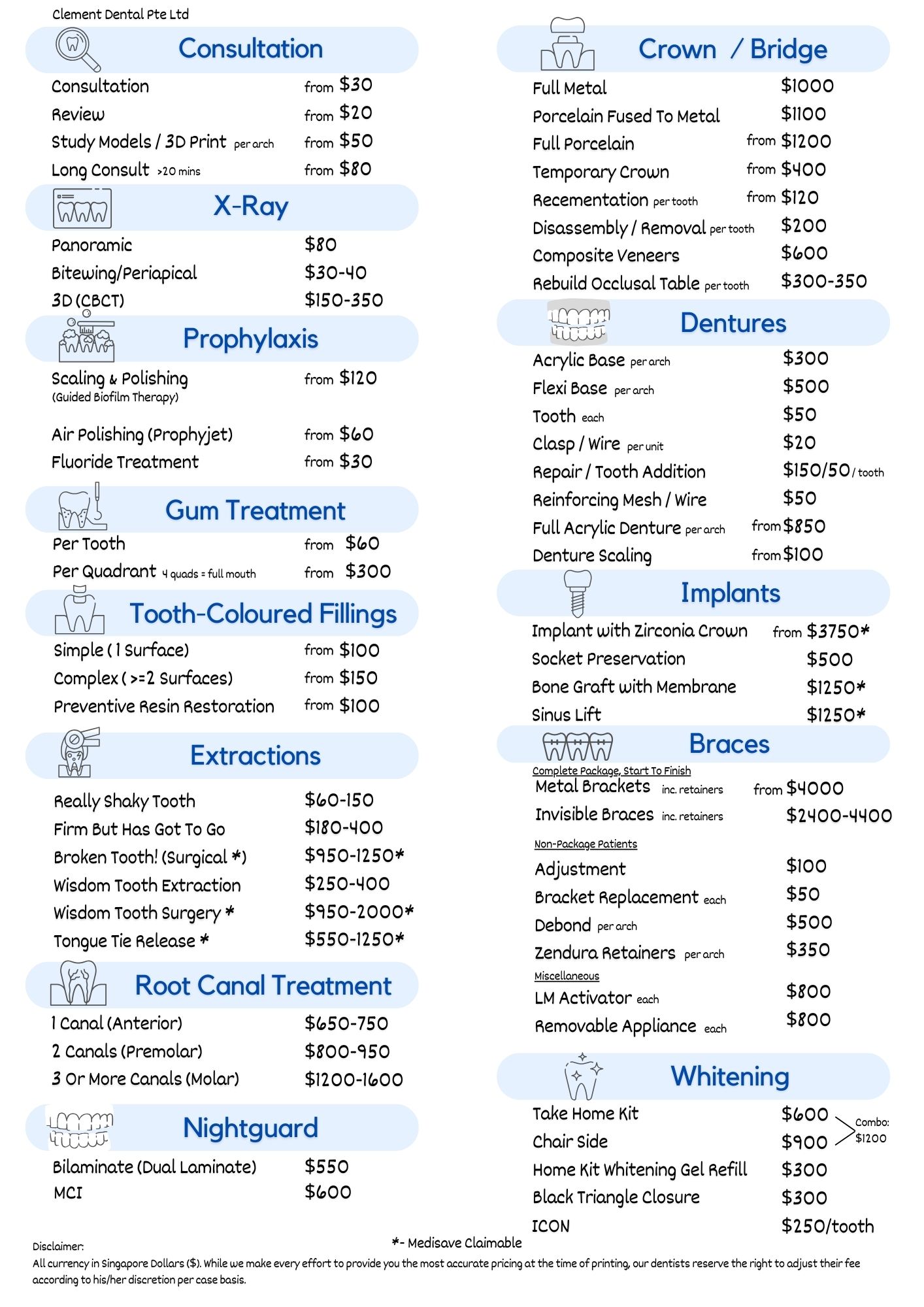 Clement Dental Pricelist