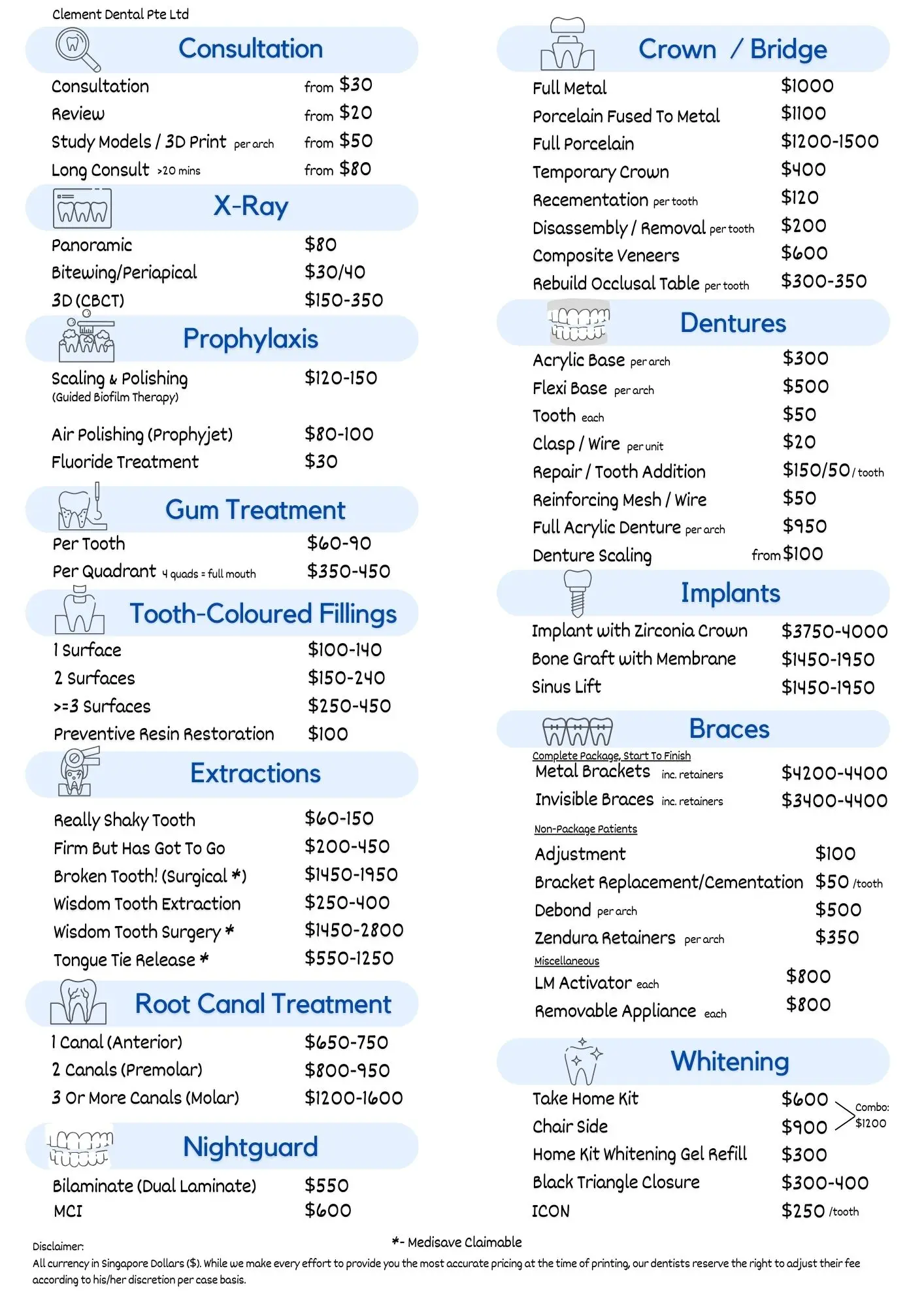 Clement Dental Pricelist