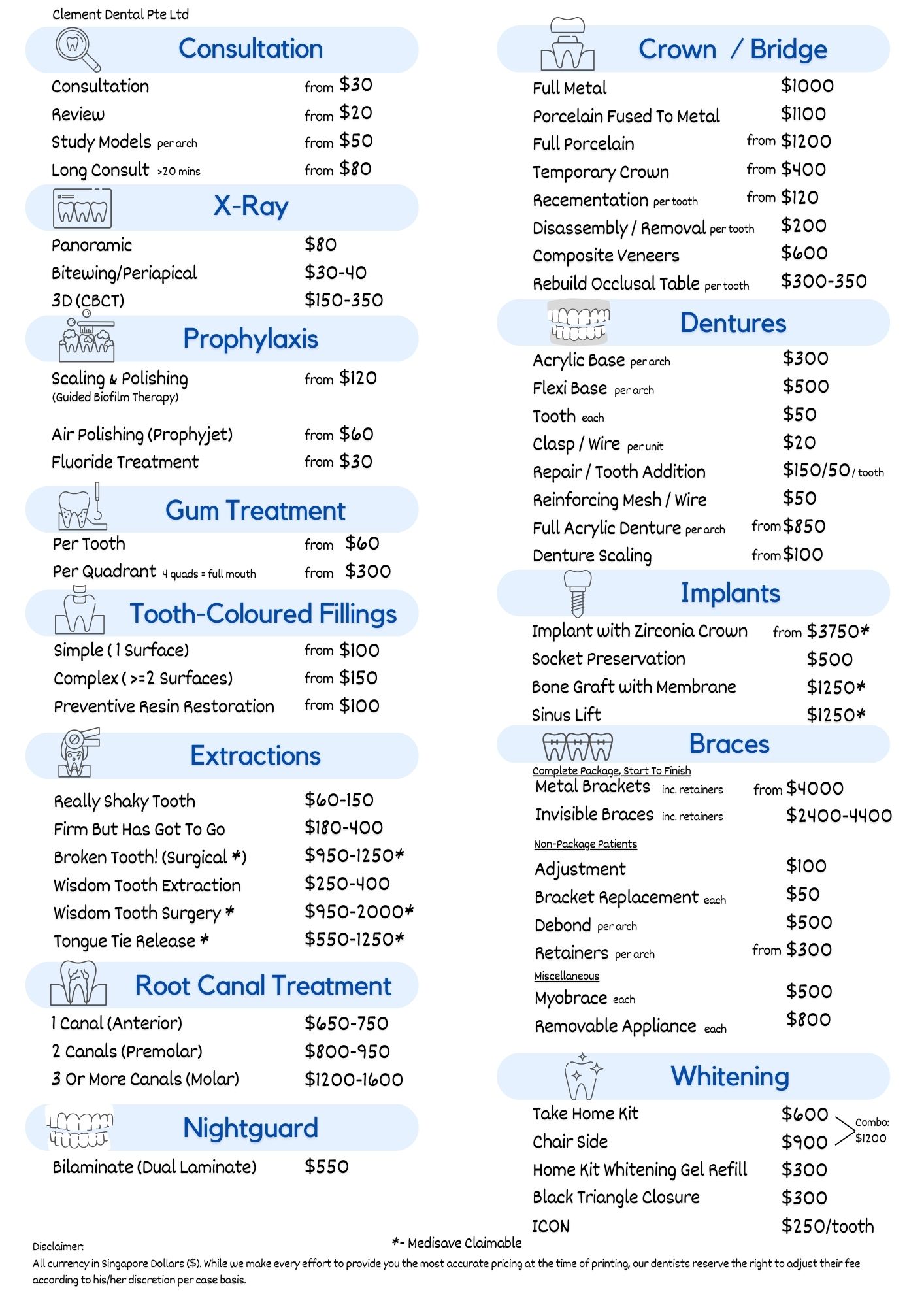 Clement Dental Pricelist